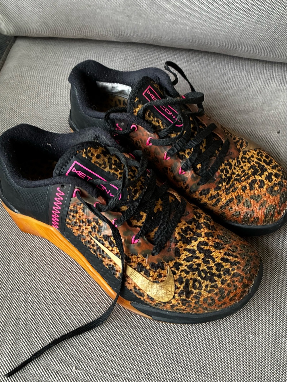 Nike Leopard-Print Sneakers with Gold Swoosh and Pink Accents
